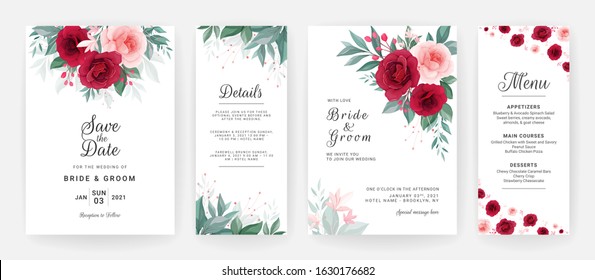Wedding invitation card template set with floral decoration and border. Beautiful roses flowers arrangements for save the date, greeting, poster, cover, etc. Botanic illustration vector