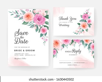 Wedding invitation card template set with colorful floral decoration and watercolor. Beautiful roses flowers arrangements for save the date, greeting, poster, cover, etc. Botanic illustration vector