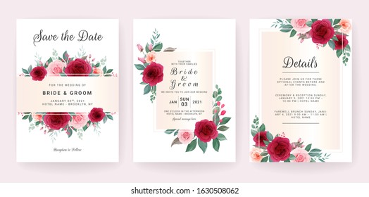 Wedding invitation card template set with floral decoration concept. Rose flower arrangements for save the date, greeting, poster, cover, etc. Botanic illustration vector
