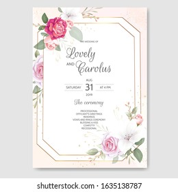 Wedding invitation card template set with beautiful floral leaves