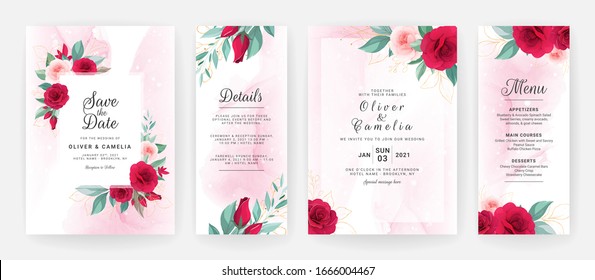 Wedding invitation card template set with watercolor floral arrangements and border. Flowers decoration for save the date, greeting, rsvp, thank you, poster, cover, etc. Botanic illustration vector