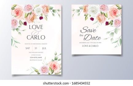 Wedding invitation card template set with beautiful rose and leaves