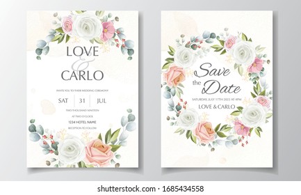 Wedding invitation card template set with beautiful rose and leaves