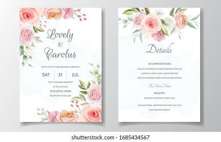 Wedding invitation card template set with beautiful rose and leaves