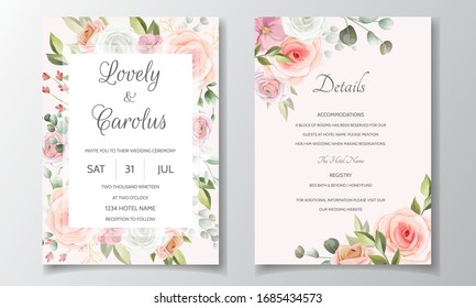 Wedding invitation card template set with beautiful rose and leaves