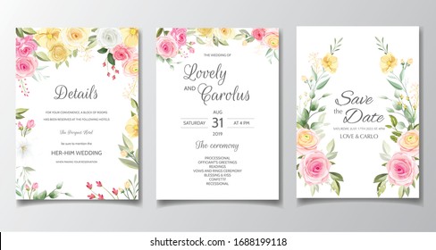 Wedding invitation card template set with beautiful rose and leaves