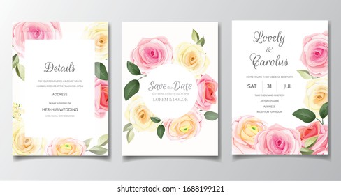 Wedding invitation card template set with beautiful rose and leaves