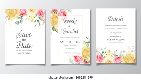 Wedding invitation card template set with beautiful rose and leaves