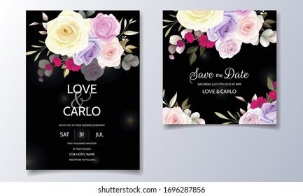 Wedding invitation card template set with beautiful floral leaves