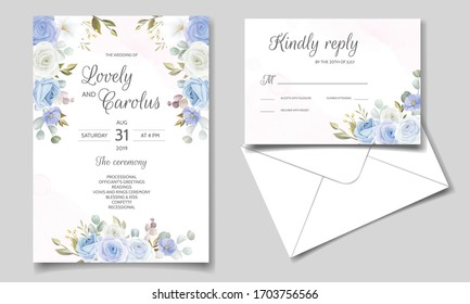 Wedding invitation card template set with beautiful floral leaves