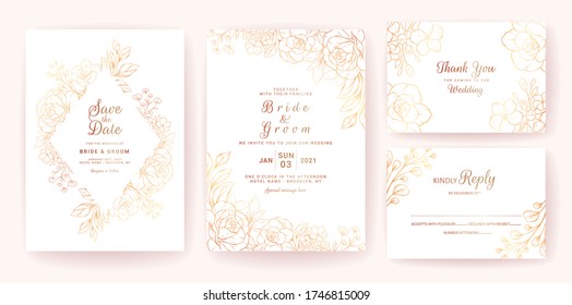 Wedding invitation card template set with gold floral frame and border. Line-art flowers composition for save the date, greeting, rsvp, and thank you design