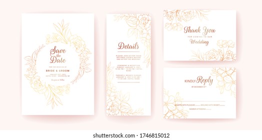 Wedding Invitation Card Template Set With Gold Floral Frame And Border. Line-art Flowers Composition For Save The Date, Greeting, Poster, And Cover Design