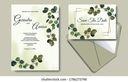 Wedding invitation card template set with beautiful eucalyptus leaves Premium Vector