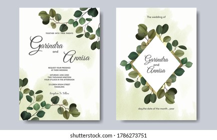 Wedding invitation card template set with beautiful eucalyptus leaves Premium Vector