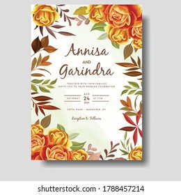 Wedding invitation card template set with autumn floral leaves Premium Vector