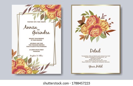 Plantilla de la tarjeta de invitación para bodas con hojas florales de otoño Vector Premium