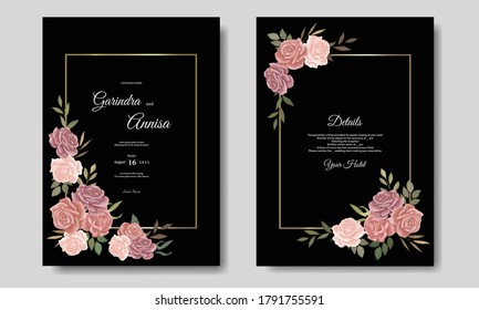 Wedding invitation card template set with beautiful floral leaves Premium Vector	
