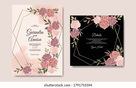Wedding invitation card template set with beautiful floral leaves Premium Vector	
