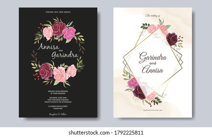 Plantilla de la tarjeta de invitación de boda con bellas hojas florales Premium Vector	
