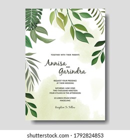 Wedding invitation card template set with tropical leaves decoration Premium Vector
