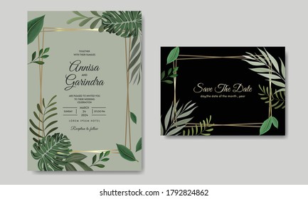 Wedding invitation card template set with tropical leaves decoration Premium Vector