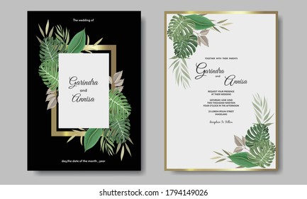 Wedding invitation card template set with tropical leaves decoration Premium Vector