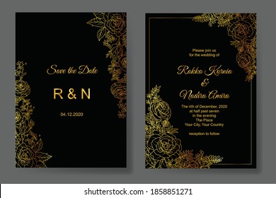 Wedding invitation card template set with line art gold floral decoration