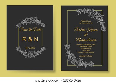 Wedding invitation card template set line art floral decoration 
