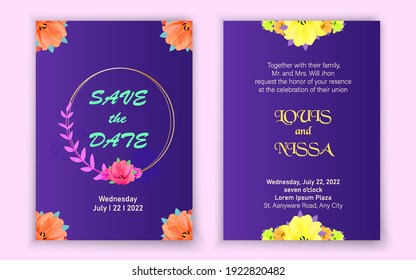 Plantilla de tarjeta de invitación de matrimonio con diseño de vector de flores colorido
