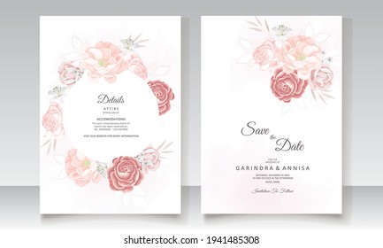  Wedding invitation card template set with beautiful  floral leaves Premium Vector