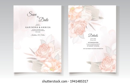  Wedding invitation card template set with beautiful  floral leaves Premium Vector
