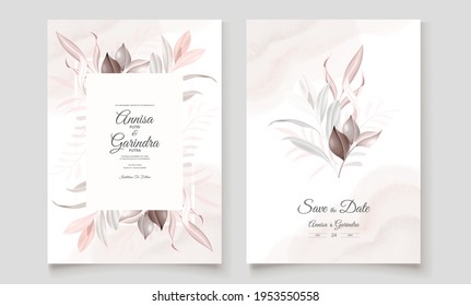  Wedding invitation card template set with beautiful   leaves Premium Vector