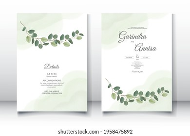   Wedding invitation card template set with beautiful  leaves Premium Vector