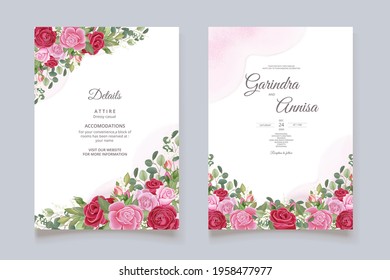  Wedding invitation card template set with red roses Premium Vector