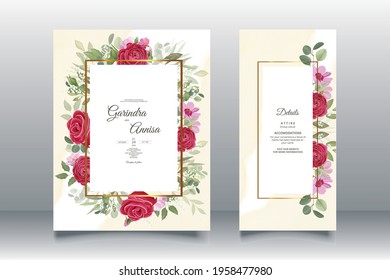  Plantilla de la tarjeta de invitación de matrimonio con vectores Premium de rosas rojas