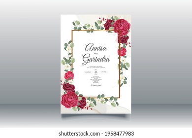  Wedding invitation card template set with red roses Premium Vector