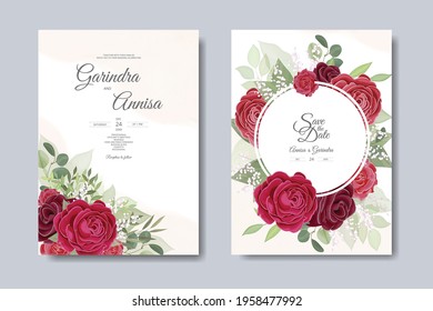  Wedding invitation card template set with red roses Premium Vector