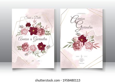 Wedding invitation card template set with maroon floral  Premium Vector