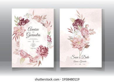 Wedding invitation card template set with maroon floral  Premium Vector