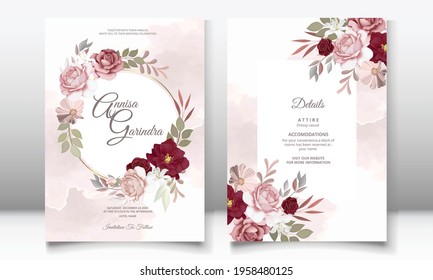 Wedding invitation card template set with maroon floral  Premium Vector