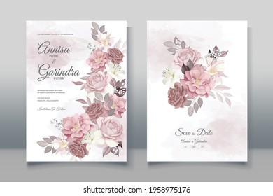  Wedding invitation card template set with beautiful  floral leaves Premium Vector