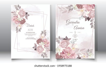  Wedding invitation card template set with beautiful  floral leaves Premium Vector