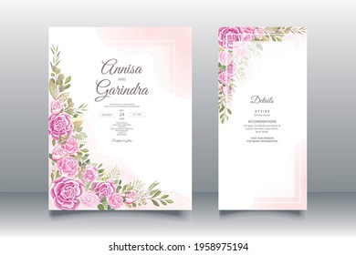  Wedding invitation card template set with beautiful  floral leaves Premium Vector