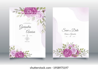  Wedding invitation card template set with beautiful  floral leaves Premium Vector