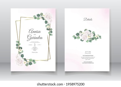  Wedding invitation card template set with beautiful  floral leaves Premium Vector