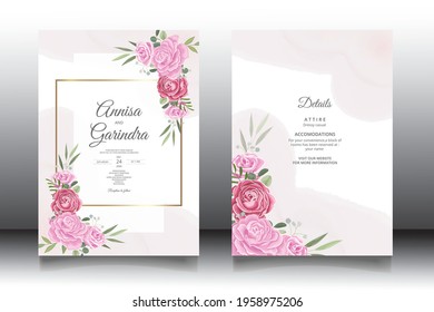  Wedding invitation card template set with beautiful  floral leaves Premium Vector