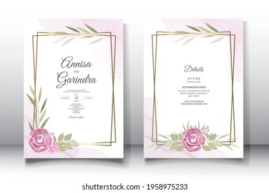  Wedding invitation card template set with beautiful  floral leaves Premium Vector