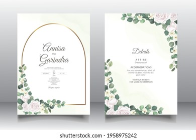  Wedding invitation card template set with beautiful  floral leaves Premium Vector