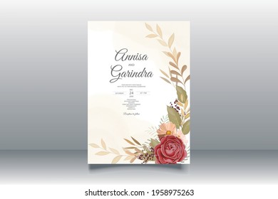  Wedding invitation card template set with beautiful  floral leaves Premium Vector