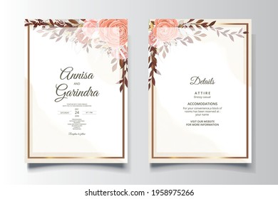  Wedding invitation card template set with beautiful  floral leaves Premium Vector